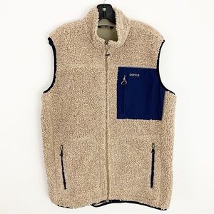 Orvis Men's size L Beige Sherpa Fleece Vest with Navy Blue Zip Pocket